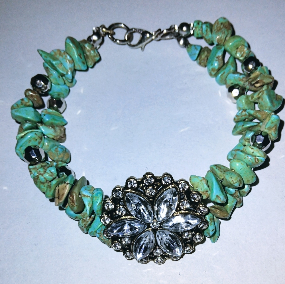 Natural Turquoise Nugget and Crystal Floral 2 Strand Handcrafted Boho Bracelet